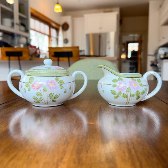 Antique Nippon Hand Painted Cream and Sugar Floral Rose w Moriage Pink Green - Picture 3 of 12